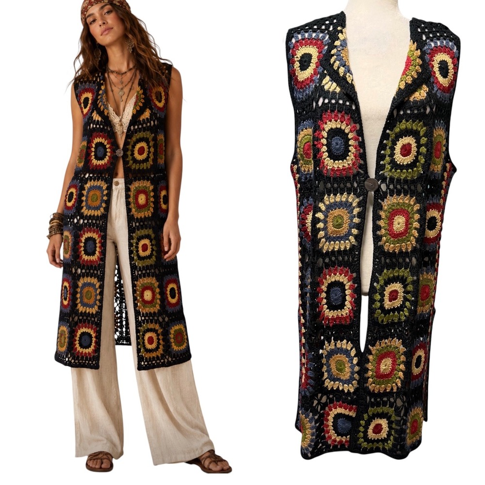 John Mark Crochet Vest Womens L/XL Long Granny Square Boho Multi-Color Open Knit